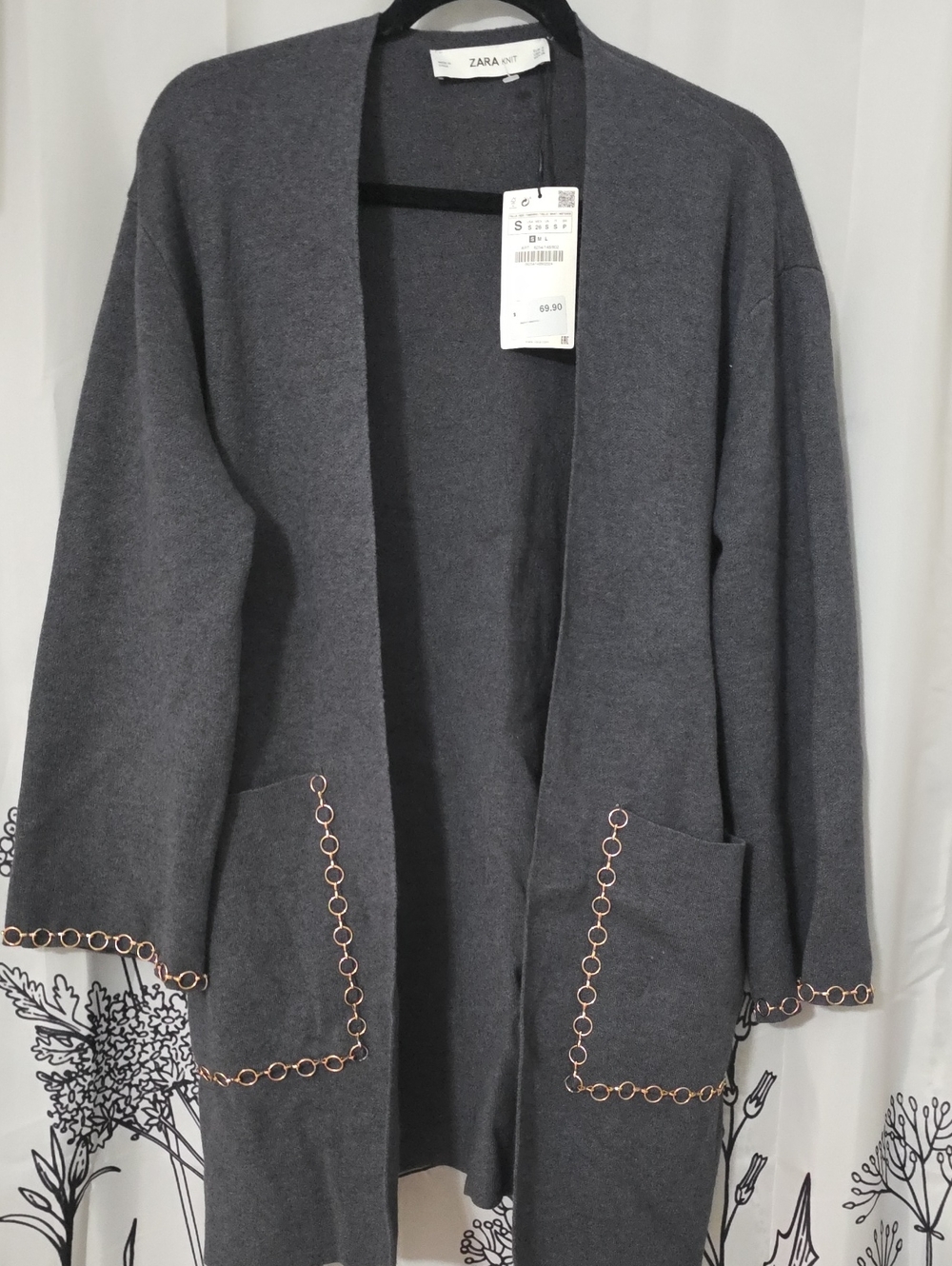 Zara Dark Gray Open-Front Cardigan with Gold Chain Trim